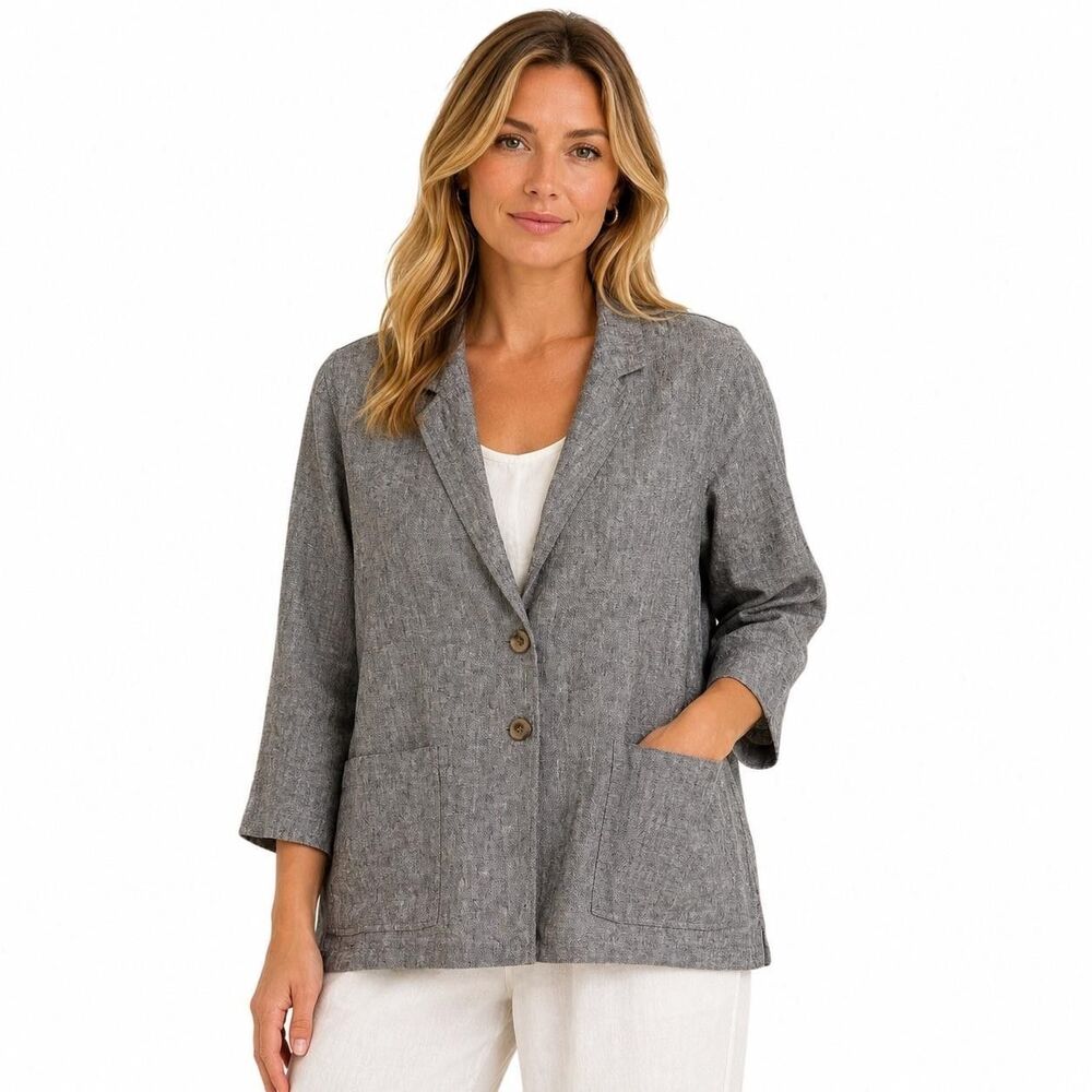 Coldwater Creek Blazer Womens Small Gray 100% Linen 3/4 Sleeve Two Button Jacket